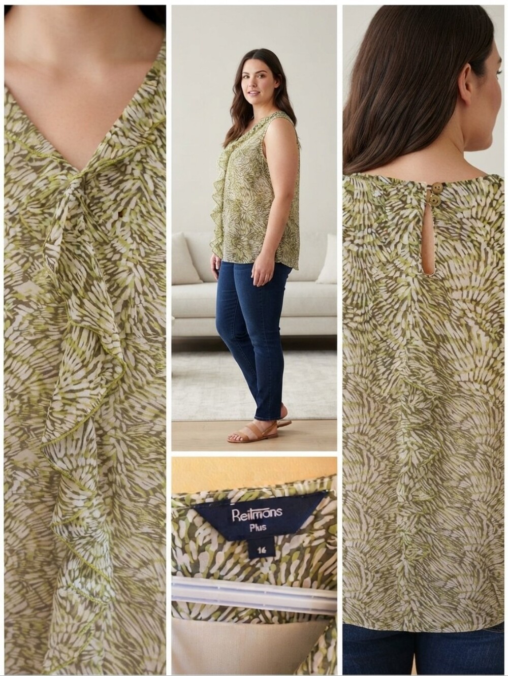 Reitmans Plus Size 16 Green Abstract Print Sleeveless Ruffle Blouse Tank Top